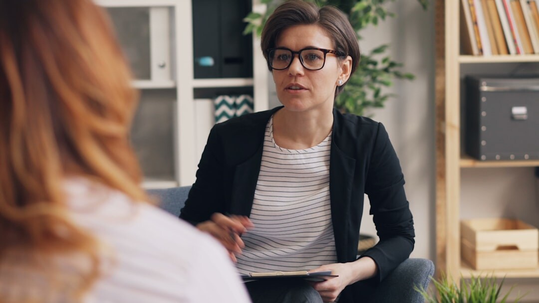 Woman speaking confidently during a conversation